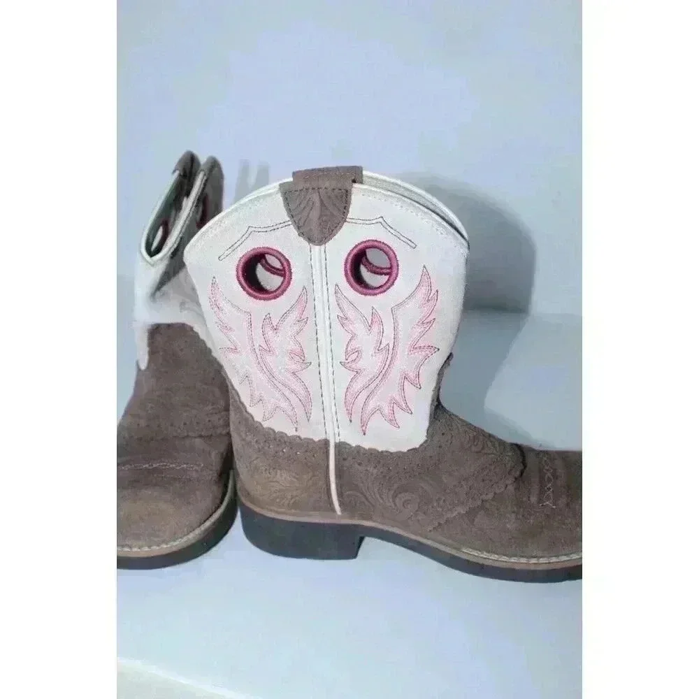 Ariat Cowgirl Boots Pink Brown Embroidered Leather Size 1.5‎ Teen Fatboy Style